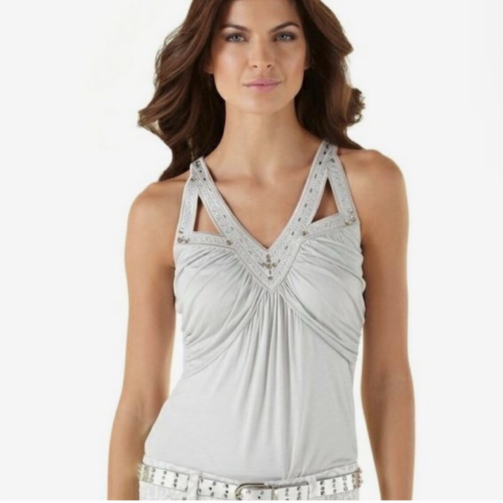 WHBM | Silver/grey sleeveless top w/ cut out collar & silver beading| Sz M